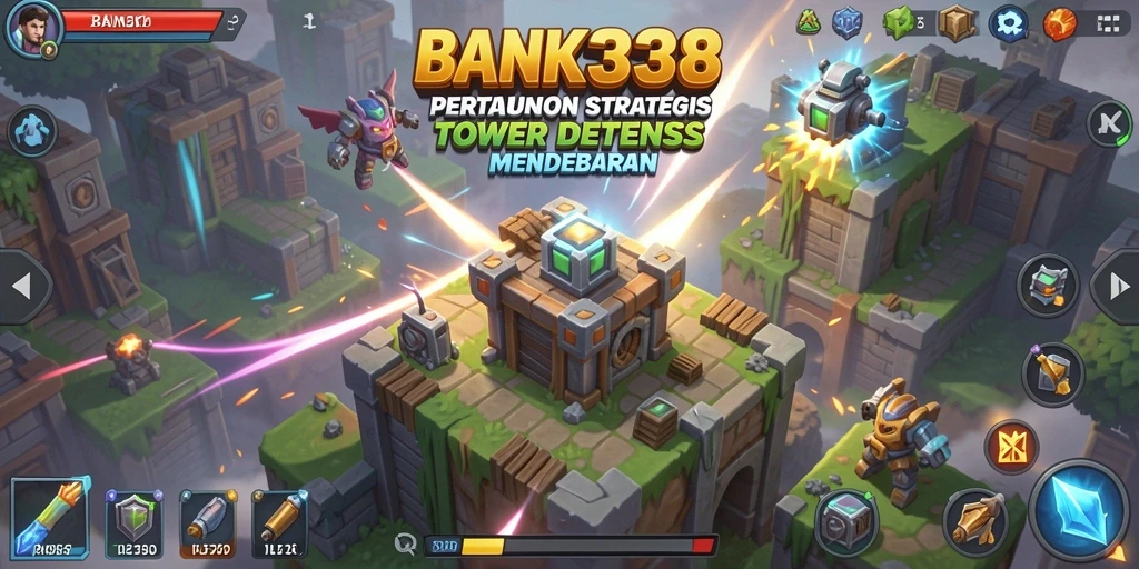 Tangkapan layar utama BANK338 menampilkan aksi gameplay Tower Defense yang menegangkan.