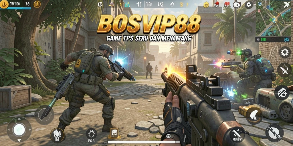 Screenshot BOSVIP88 menampilkan aksi mendebarkan dalam gameplay TPS.