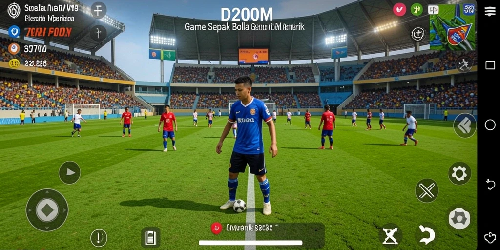 Tampilan gameplay D200M yang penuh aksi dalam pertandingan sepak bola.